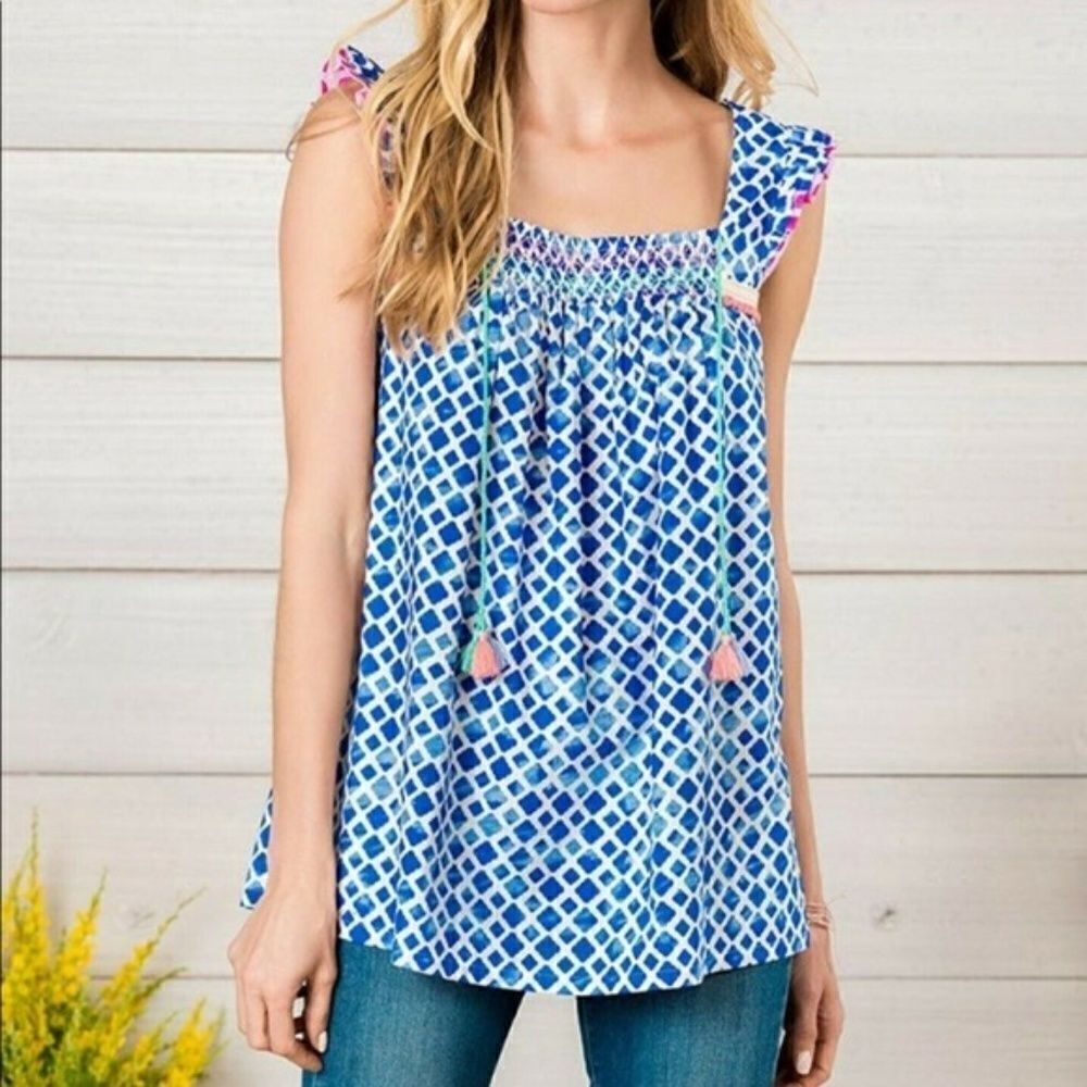 Matilda Jane MJ Wandering Water Blue White Smocked Top Blouse Shirt Large